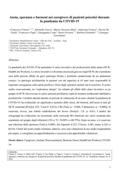 Ansia Speranza E Burnout Nei Caregivers Di Pazienti Psicotici Durante La Pandemia Da COVID 19